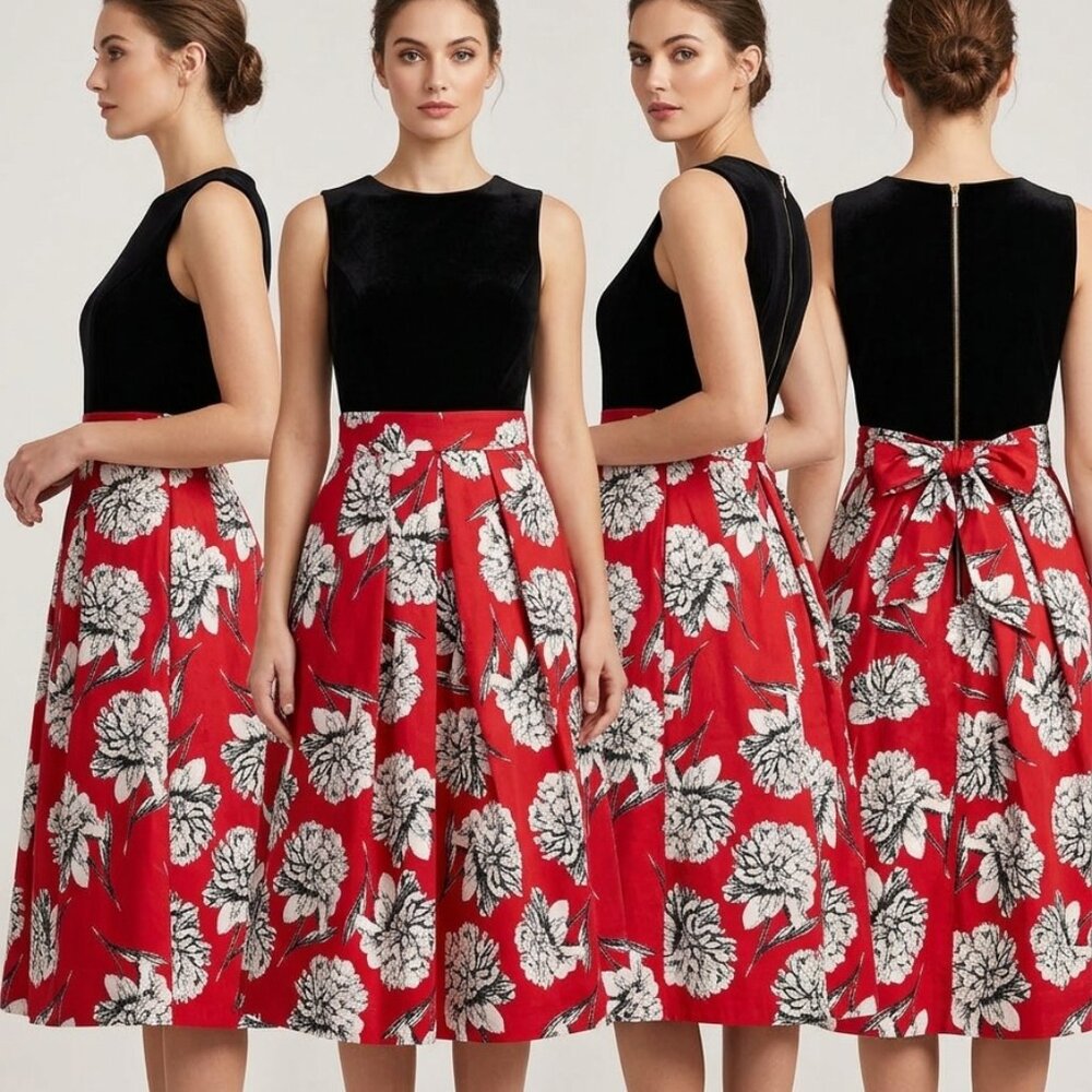 Closet Black Velvet Bodice Red Floral Pleated Midi Dress